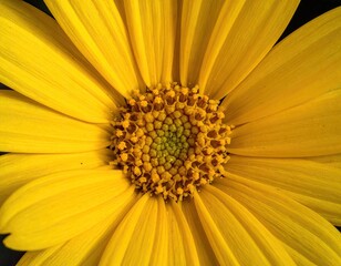 Sunny yellow flower with detailed center; petals radiate out