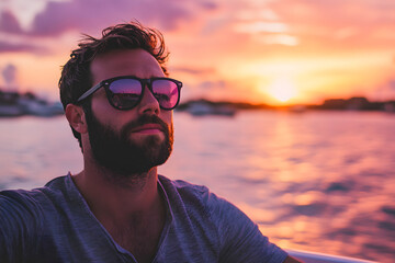 Successful man leisurely relaxing on a luxury yacht against a beautiful sunset backdrop purple background