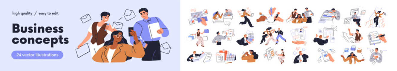 Fototapeta na wymiar Business concepts, office work, professional icons set. Job success, communication, management, planning, developing strategy, corporate team. Flat vector illustration isolated on white background