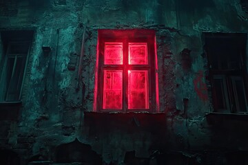 Illuminated red window on old building