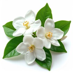 Obraz premium White flowers with green leaves on a white background