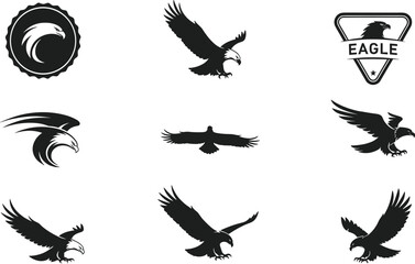 Eagle logo collection, flying eagle icons, bird of prey design, strong hawk symbols, freedom illustration, wildlife branding, powerful animal graphics