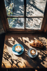 Naklejka premium Enjoying the warmth of coffee and a croissant while rain lightly falls outside, creating a cozy ambiance in the caf