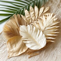 Botanical gold, cream, green leaves on a neutral textile