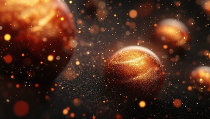 Glimmering orbs and sparkling dust in hazy dark backdrop