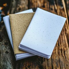 Stack of three small notebooks on aged wood