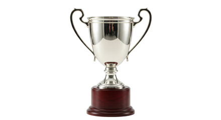 Shiny silver trophy cup isolated on pure white, award prize for sports competition and achievement celebration