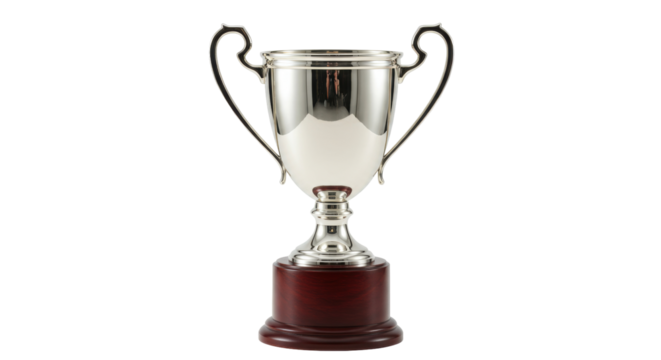 Shiny silver trophy cup isolated on pure white, award prize for sports competition and achievement celebration