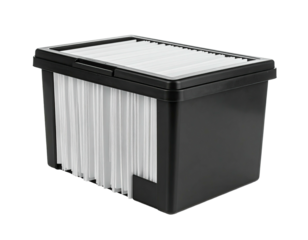 Black plastic file box with a lid containing accordion-style file dividers