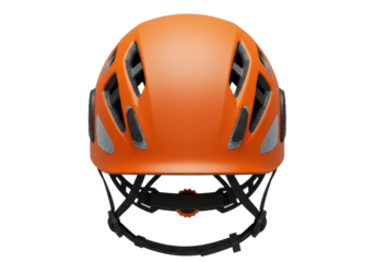 Orange climbing helmet isolated on white, safety headgear for mountaineering and outdoor sports protection