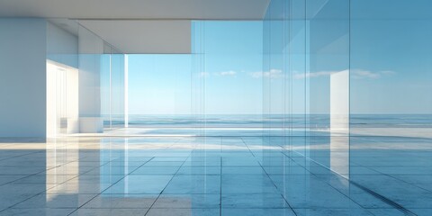 Modern minimalist architecture with glass walls offering panoramic ocean views.