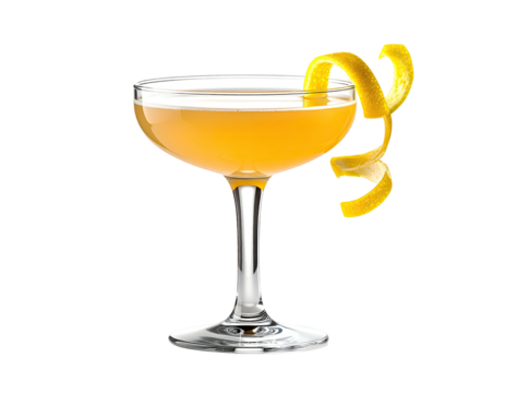 Elegant coupe glass with amber liquid and long, curled citrus garnish