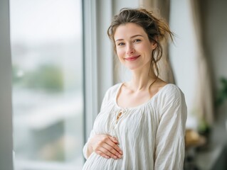 Fototapeta premium Portrait of a pregnant woman posing near window smiling maternity photoshoot idea