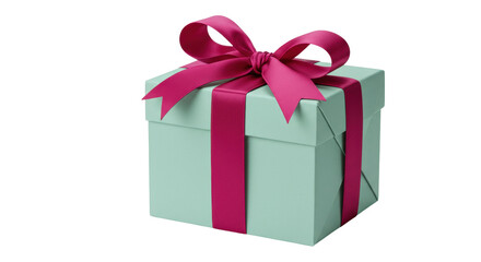 Mint green gift box with magenta ribbon isolated, present for birthday or Christmas celebration on a clean backdrop