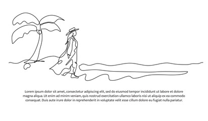 One line of  a woman playing on the beach. Abstract minimal continuous line.