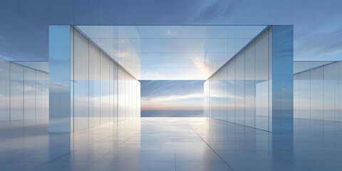 Obraz premium Modern minimalist glass corridor leading to a sunset ocean view.