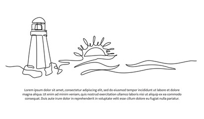 One line of lighthouse and sunset on the beach. Abstract minimal continuous line.
