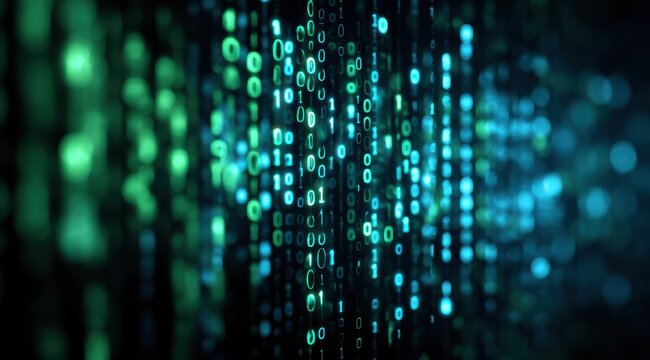 Green and blue binary code flows in vertical lines, creating a digital rain effect. This abstract scene suggests a high-tech environment or virtual world.