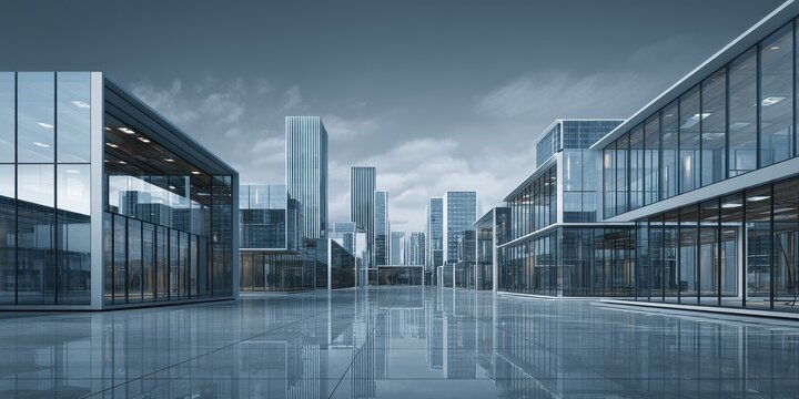 Futuristic Minimalist Cityscape with Glass Skyscrapers and Reflective Plaza Under Overcast Sky