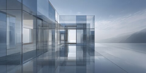 Abstract modern glass and steel building reflecting sky and mountains