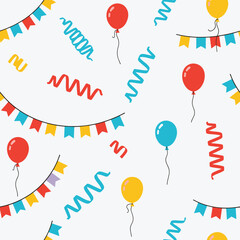 Brightly colored balloons and streamers decorate a festive celebration pattern.