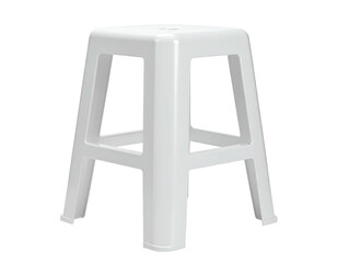 A close-up of a white, plastic, four-legged stool, isolated on a black background