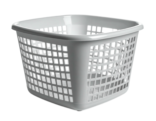 A white, plastic, square-shaped basket with a lattice pattern, isolated on black