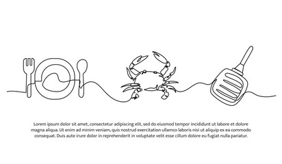 Continuous line design of crab dishes. Single line decorative element drawn on white.