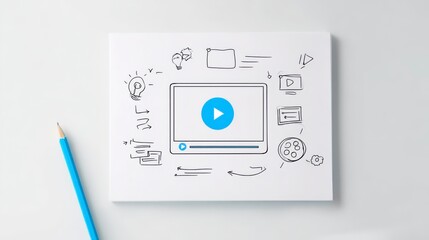Play Video Concept Illustration: A creative video concept visualized with a graphic drawing, featuring a play button surrounded by illustrative sketches on a light-colored surface.