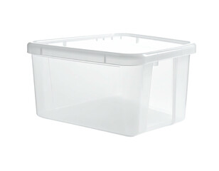 Transparent plastic storage bin with a white lid, slightly angled on black background
