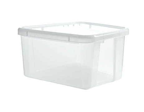 Transparent plastic storage bin with a white lid, slightly angled on black background