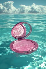 Pink compact mirror floating in tropical turquoise water