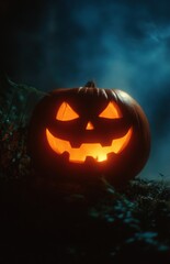 Naklejka premium Close-Up of Glowing Jack-O-Lantern Face in Fog