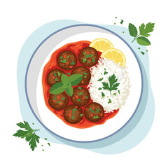 Delicious meatballs in a rich tomato sauce served with fluffy rice and fresh lemon wedges.