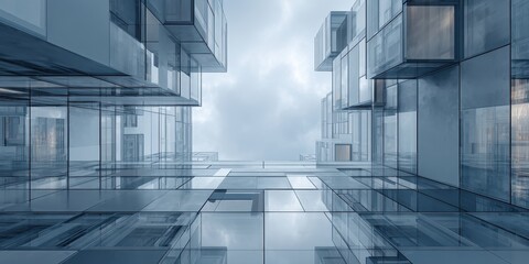 Looking up at abstract modern glass architecture with intricate geometric patterns