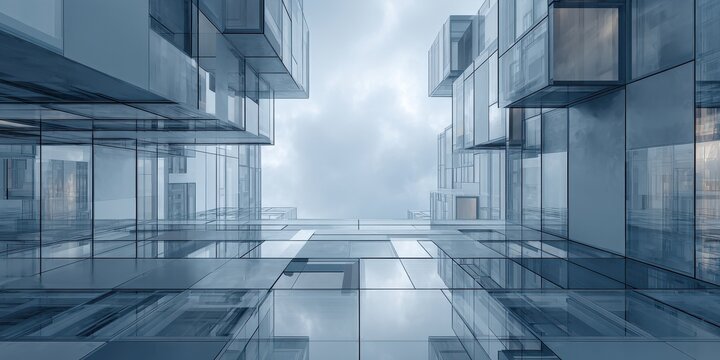 Looking up at abstract modern glass architecture with intricate geometric patterns - Powered by Adobe