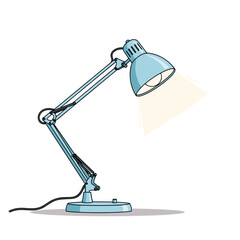 A light blue adjustable desk lamp with a flexible arm illuminating a workspace.