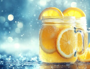 Orange drink in jars, bright bokeh & sparkly background