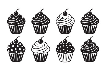 Cupcake Icon Set Black and White Dessert Illustration with Cherries