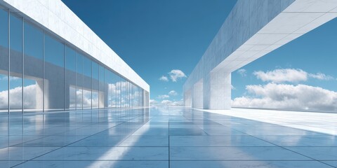 Modern Minimalist Outdoor Architecture with White Structures and Reflective Floor