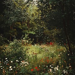 Lush forest clearing with wildflowers