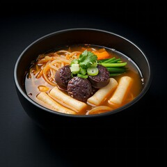 A bowl of soon dae guk 순대국  (blood sausage soup) with rice cakes and vegetables, served in a black bowl against a black background.