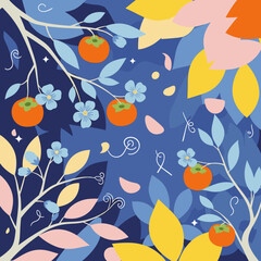 An artistic depiction of a bountiful persimmon tree in full bloom set against a vibrant blue background with delicate floral accents and falling petals.