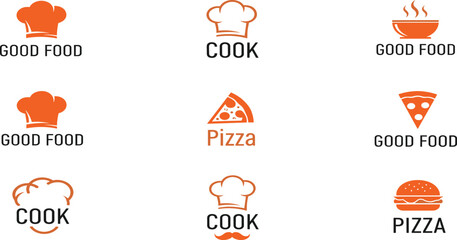 Food logo set with chef hat, pizza slice, burger icon, cooking symbol, restaurant design, kitchen emblem, delicious meal illustration