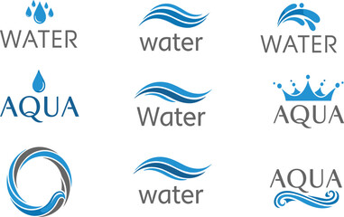 Water logo set with aqua wave design, droplet symbol, clean liquid icon, purity concept, eco friendly illustration, blue flow element