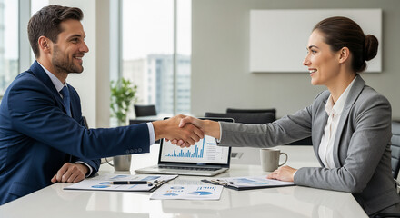 Two business people shaking hands across a table in a modern office environment, with documents, charts, and a laptop visible.