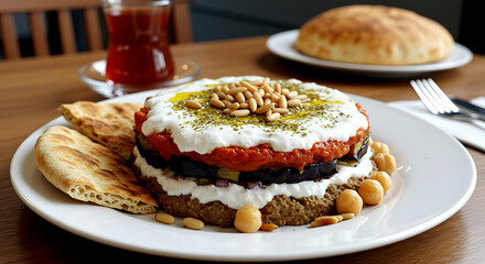 Lebanese Fatteh with Eggplant. Fatteh bi Batengen, layered dish with toasted pita, roasted eggplant, chickpeas, and garlic yogurt, garnished with pine nuts 
