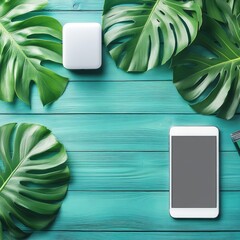 Teal wood, device, charger, Monstera leaves flat lay