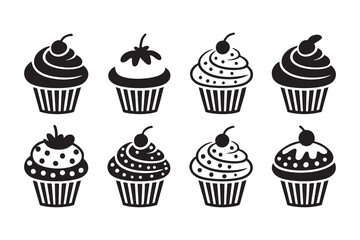 Decorative Cupcake Icons Black and White Food Vector Illustration Pack