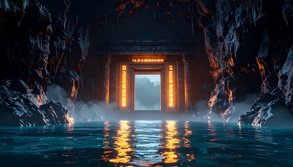 Mysterious Cave Entrance with Water and Glowing Light